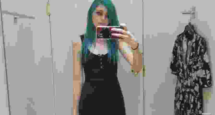 Skinny Gothic Girl taking a Selfie at Hudson Bay Dressing Ro thumbnail