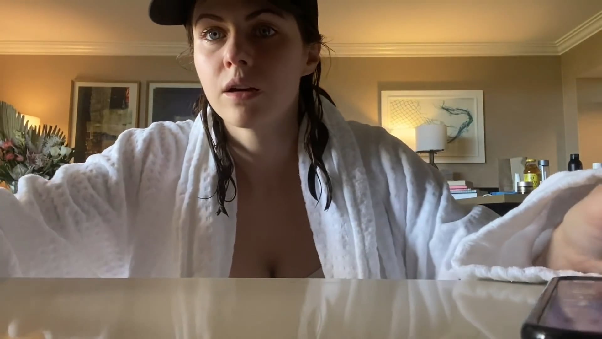 Alexandra Daddario in bikini & robe in YouTube video