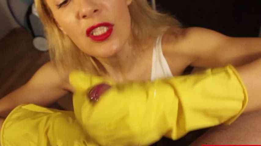 Cock milking in yellow latex gloves – Cumshot Porn Video
